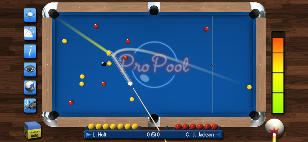 Pro Snooker & Pool 2026 - Overhead view of a professional pool match on a blue table with aiming guides and player scores.