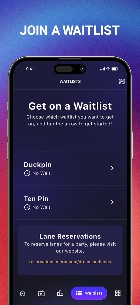 OpenLane. Eat. Bowl. Earn. - OpenLane mobile app interface showing options to join waitlists for Duckpin and Ten Pin bowling lanes.