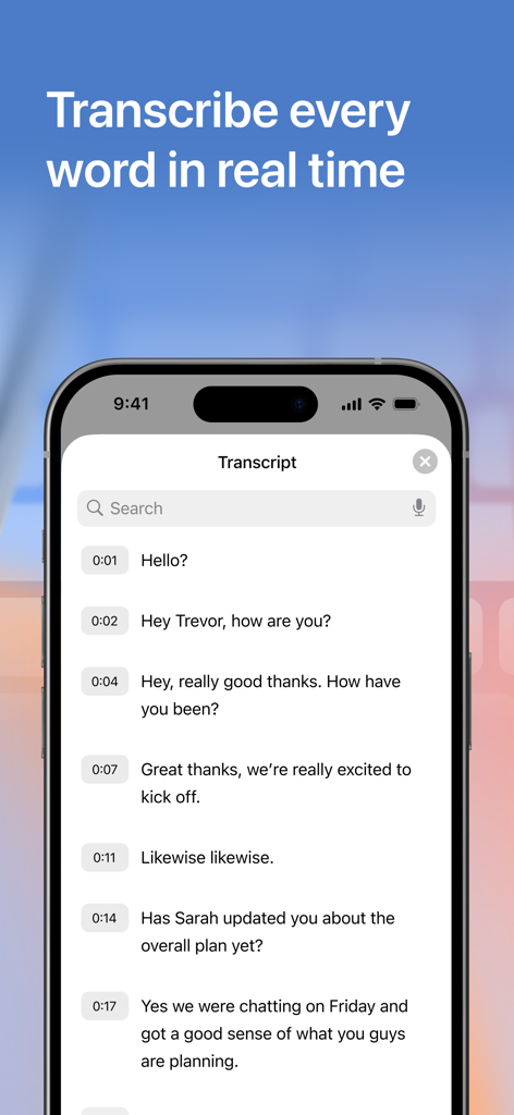 Cue - Smart AI Meeting Notes - iPhone screen showing a real-time conversation transcript with timestamps in the Cue AI app.