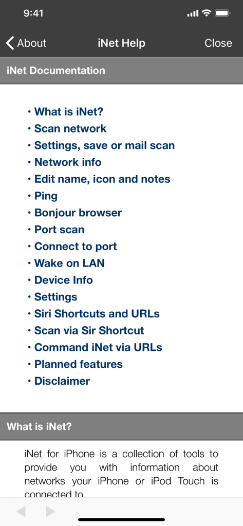 iNet Pro - Network Scanner - Table of contents for the help and documentation section of the iNet Pro app listing features like network scanning and Wake on LAN.