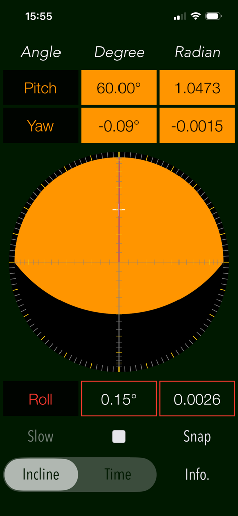 ClinoScope 3D inclinometer interface showing real time pitch yaw and roll measurements