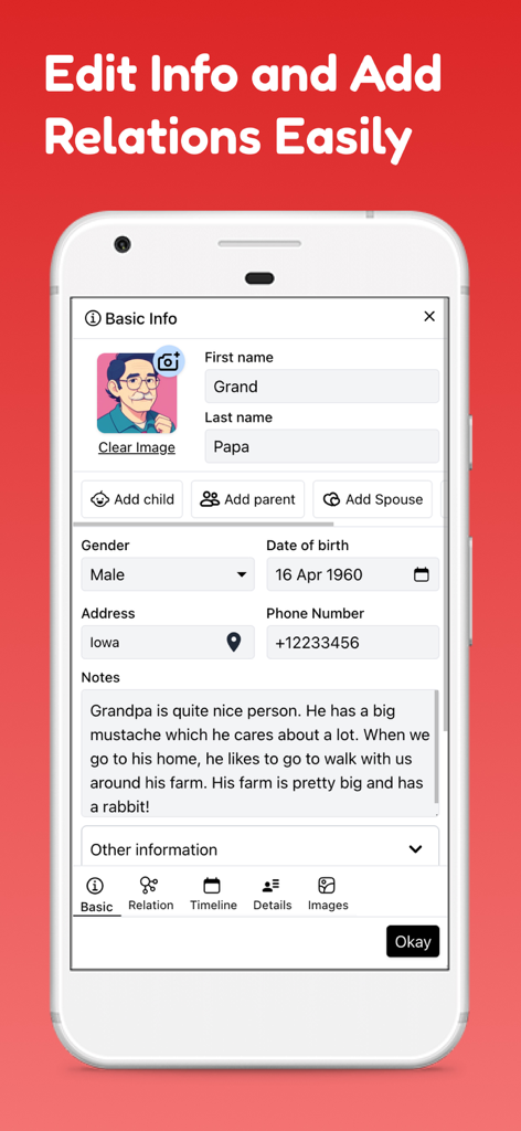 Family Tree Maker Offline - Interface of Family Tree Maker Offline app showing member profile editing with name, relations, and personal notes