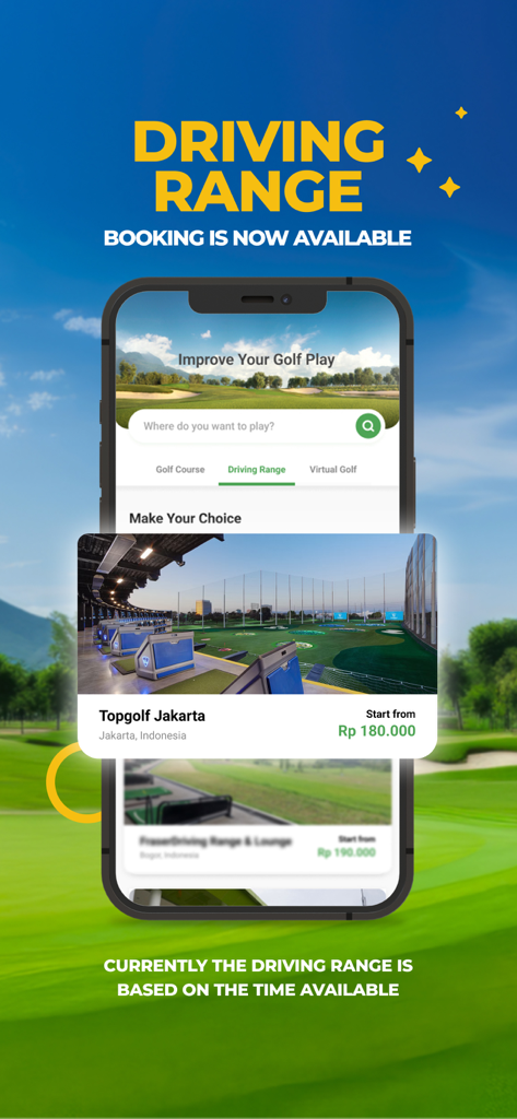 Golfers Booking mobile app screen showing driving range reservation options and pricing in Jakarta