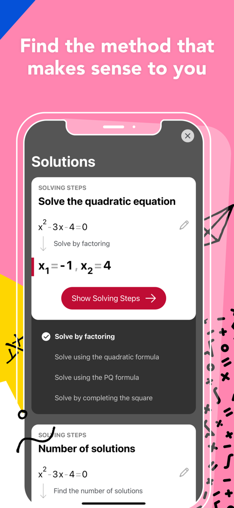 Uma captura de tela do aplicativo Photomath mostrando diferentes maneiras de resolver uma equação quadrática com instruções passo a passo