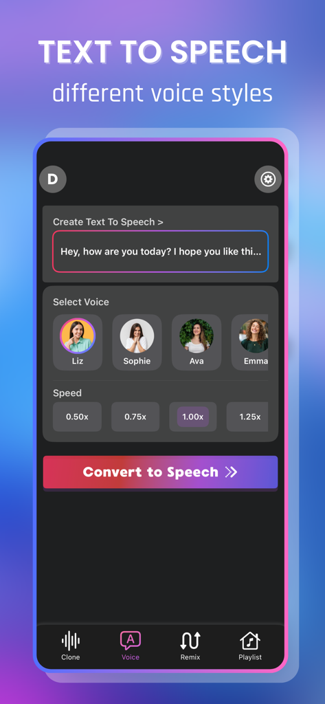 Voice Generator & Changer Pro - Interface of the Echo Voice Generator app showing the text to speech conversion tool with multiple voice options