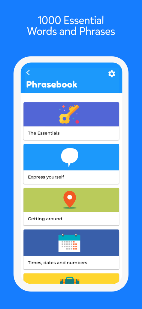 Learn Languages with Dr. Moku - Dr. Moku app interface showing phrasebook categories for essential words and phrases.