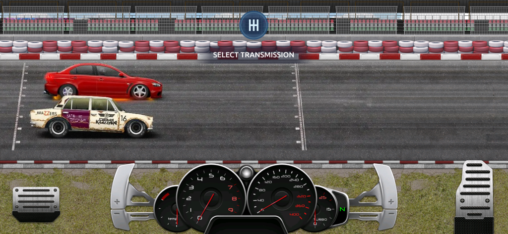 Drag racing gameplay showing two cars at the start line with detailed dashboard controls