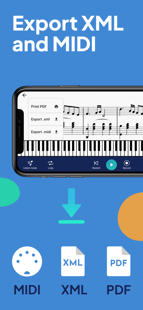 Sheet Music Reader Halbestunde - MIDI XMLおよびPDFのエクスポートオプションを示すHalbestundeアプリのインターフェイス