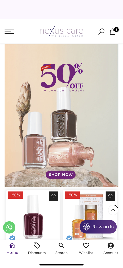 Nexus Care Beauty - Página de inicio de la aplicación Nexus Care Beauty que muestra una oferta del 50 por ciento de descuento en productos de esmalte de uñas Essie.
