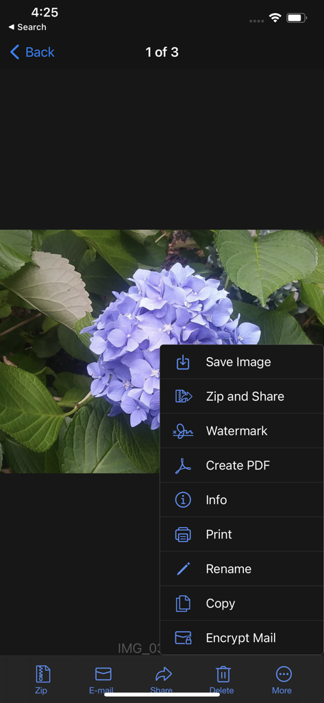 WinZip muestra una foto de flores con un menú de opciones que incluyen Comprimir y Compartir, Marca de agua y Crear PDF.