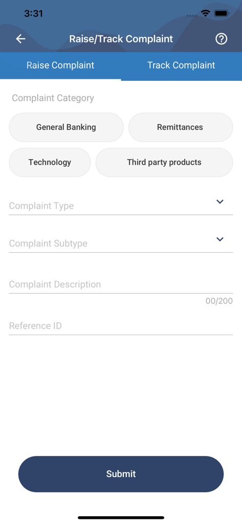 MSC Bank - Una pantalla de aplicación móvil para presentar y rastrear quejas bancarias con categorías como remesas y tecnología.