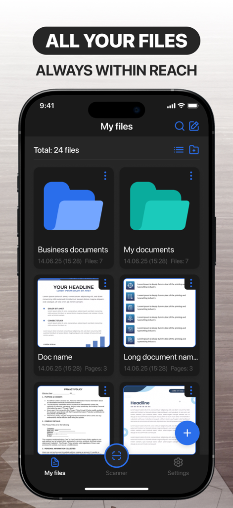 Cam Scanner: Smart Scan to PDF - Interface of the Cam Scanner app showing organized folders and scanned document previews in the file management screen
