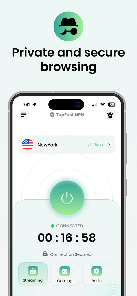 VPN - Top Fast VPN Lite - Interfaz de la aplicación VPN - Top Fast VPN Lite mostrando una conexión segura a un servidor de Nueva York con conectividad de un solo toque para streaming y juegos.