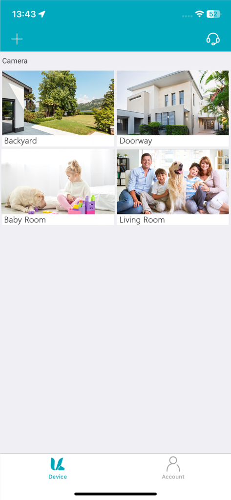 Vimtag - Vimtag app showing live video feeds for home monitoring including backyard doorway baby room and living room
