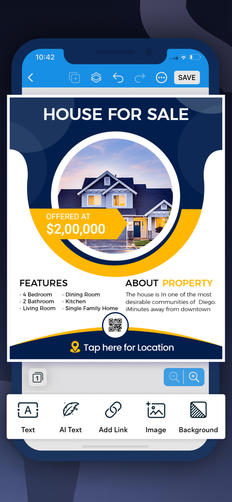 Mobile app interface for creating a real estate flyer with tools for text images and location links