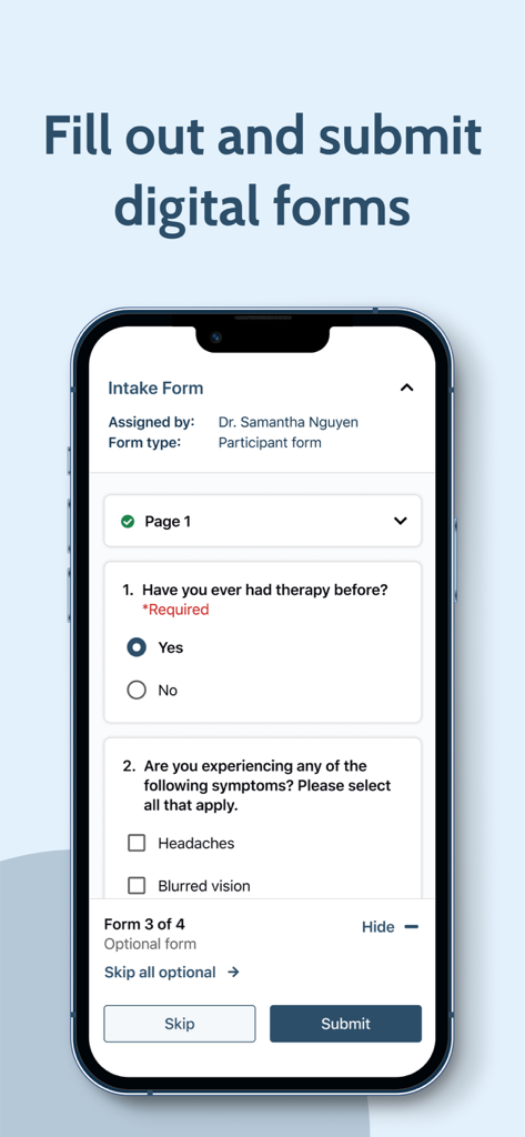 Un formulaire d'admission médical numérique sur l'écran d'un téléphone mobile dans l'application OnCall Health