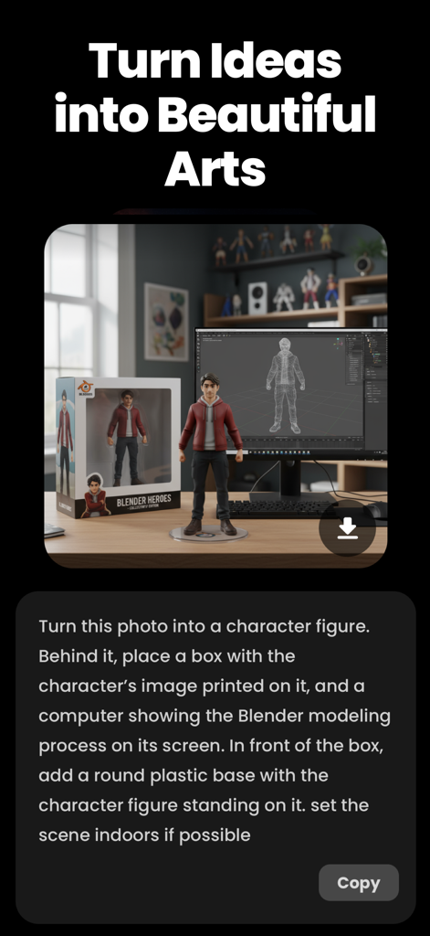 FLAI - New AI Photo Generator - FLAI app interface showing a detailed text prompt converted into a high-quality AI generated character figurine art.
