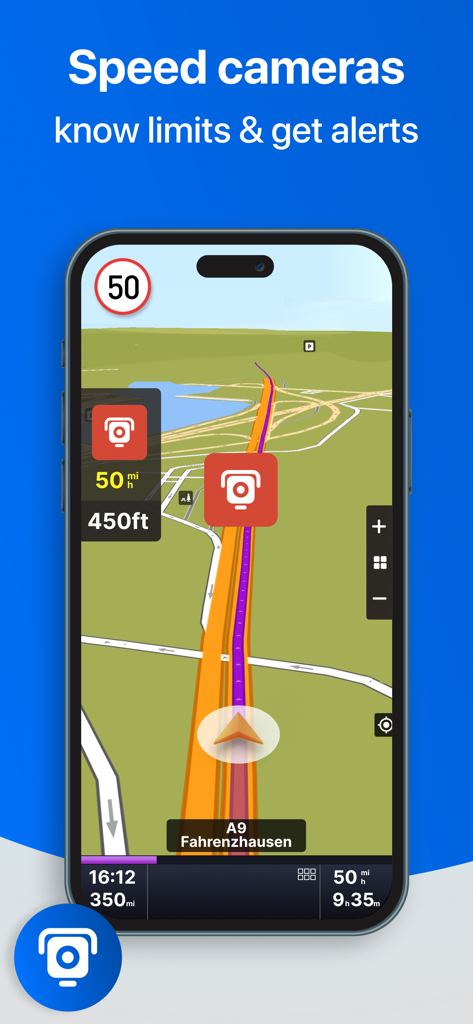 Sygic Truck & RV Navigation - Sygic Truck und RV Navigation App zeigt Geschwindigkeitsbegrenzungsalarme und Standorte von Blitzern auf einer 3D-Kartenoberfläche an