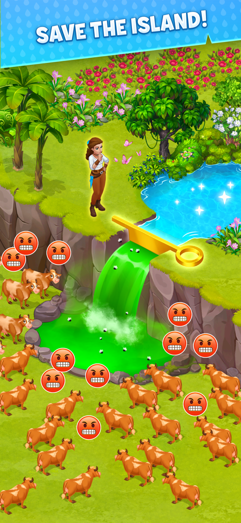 Island Hoppers: Adventure Farm - Un personaje resolviendo un rompecabezas para detener la contaminación verde que llega a las vacas en Island Hoppers