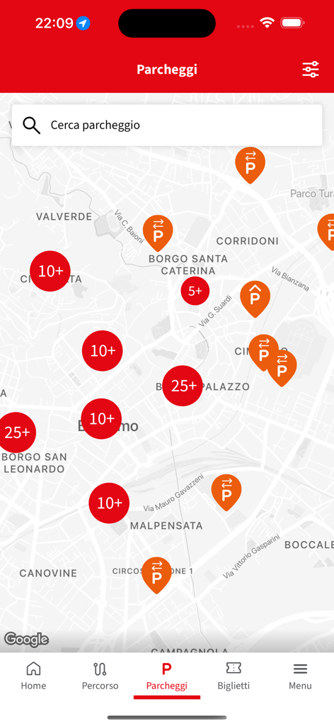 ATB Mobile - ATB Mobile app displaying a map of Bergamo with real-time parking space availability