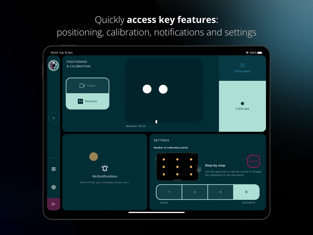 Skyle X - The Skyle X app dashboard on an iPad for eye-tracking calibration and settings.