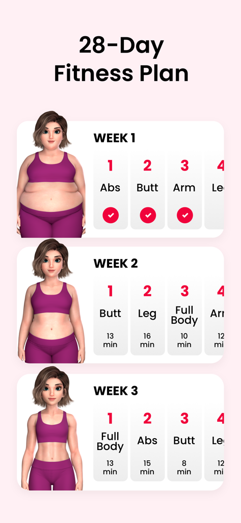 A 28 day personalized fitness plan showing weight loss progress and daily exercise routines for women