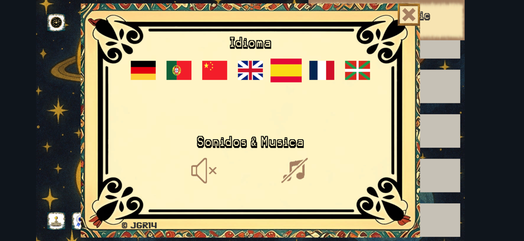 Diamond Rush Clicker - Settings menu of Diamond Rush Clicker showing language selection flags and audio controls