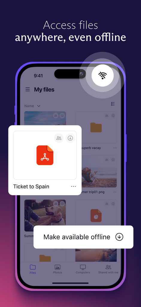 Proton Drive: Cloud Storage - Schermata dello smartphone dell'app Proton Drive che mostra la funzione di accesso offline ai file per i documenti crittografati