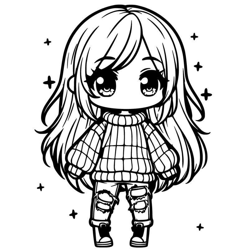 chibi girl with ripped jeans,long hair, and an oversized sweater