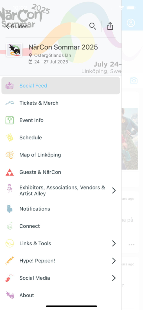 NärCon! - O menu de navegação lateral do aplicativo móvel NärCon mostrando opções para agenda, mapas e feed social para o festival de verão de 2025.