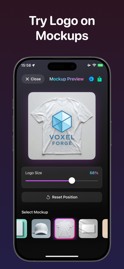 AI Logo Maker & Logo Creator - KI Logo-Ersteller App-Oberfläche, die ein Logo für Voxel Forge auf einem weißen T-Shirt-Mockup zeigt