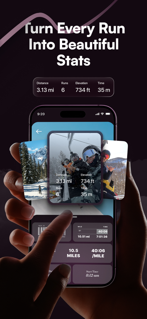 Smartphone displaying Shredder app performance tracking stats for skiing and snowboarding