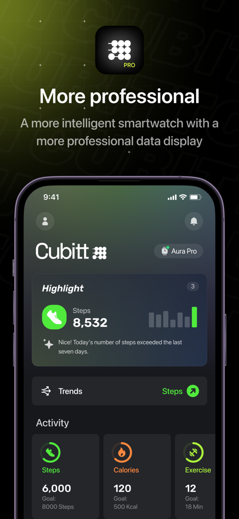 Cubitt Pro - Panel de la aplicación de seguimiento de actividad Cubitt Pro mostrando métricas diarias de pasos, calorías y ejercicio