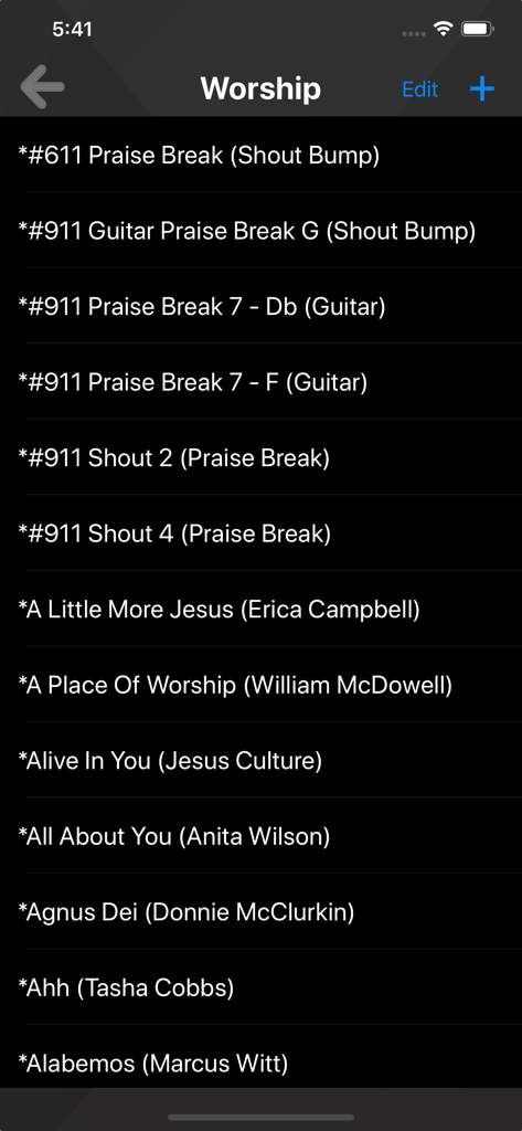 XME LOOPS - Interface of the XME LOOPS app displaying a list of worship music tracks and loops