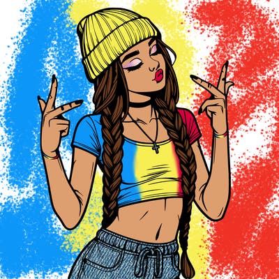 realistic teenage girl with braids and a beanie and crop top doing 🫶🏼