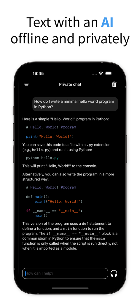 A smartphone showing the Enclave app interface with a private offline AI chat providing Python code for a Hello World program.