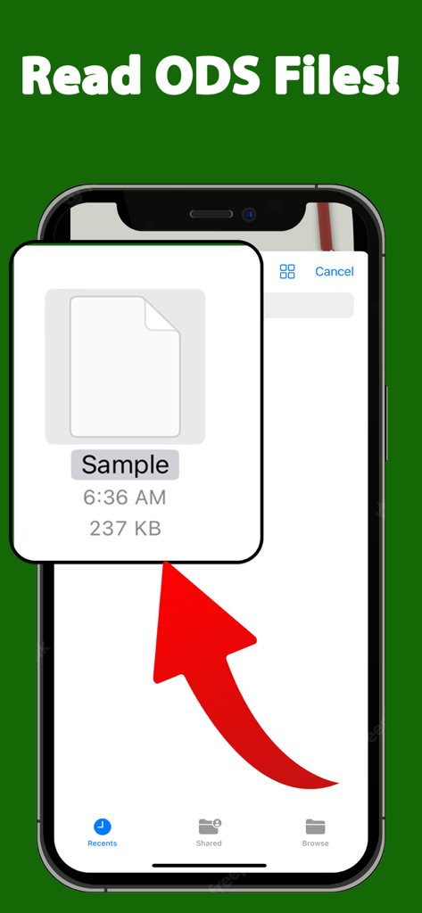 Pantalla de smartphone que muestra la interfaz de la aplicación ODS Reader para seleccionar y ver archivos