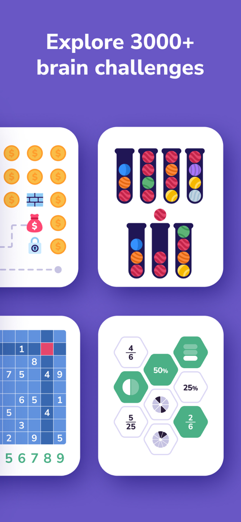 Captura de tela do aplicativo BrainSpot mostrando vários desafios de lógica matemática e sudoku.