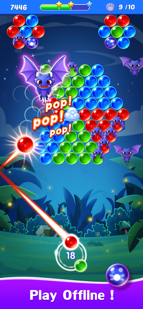 Gameplay screenshot of Bubble Shooter Legend featuring cute dragons and the offline play option