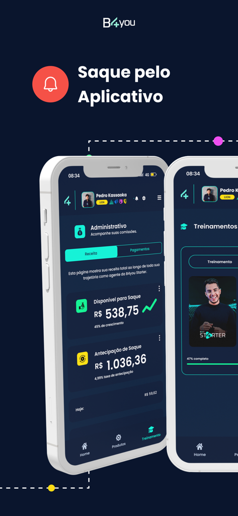 B4You - Interfaz de la aplicación B4You que muestra el panel financiero con ganancias disponibles y opciones de retiro para creadores digitales.