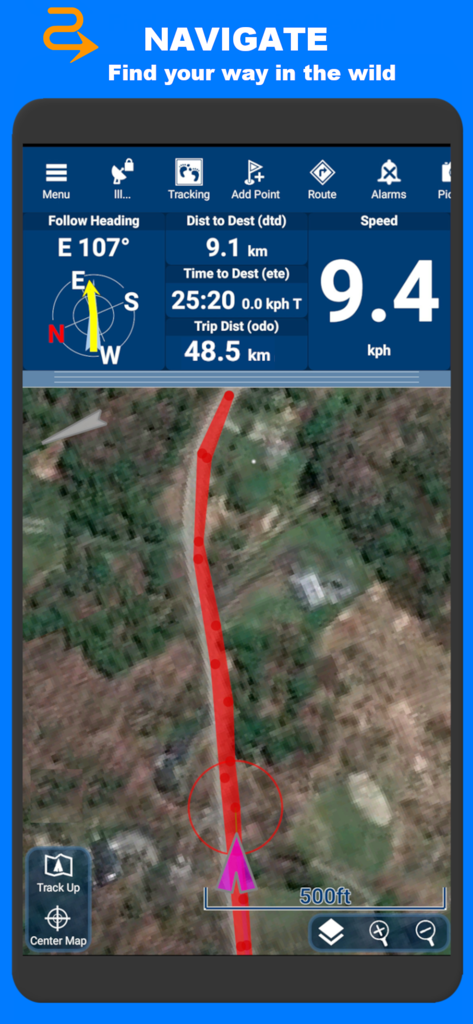PathAway app screen displaying GPS navigation data and a satellite map track