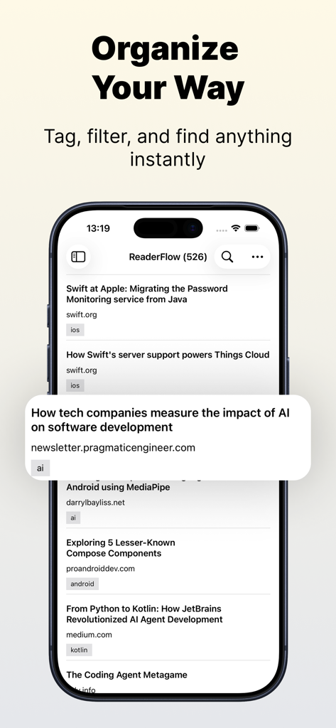 ReaderFlow | Read Later - ReaderFlow app screen showing a list of saved articles organized with custom tags like ai and ios