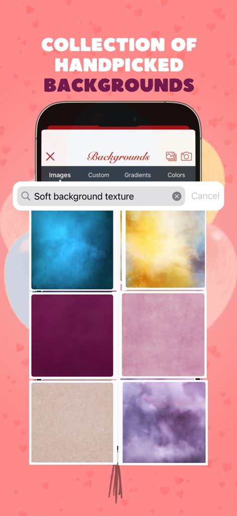Greeting Card Maker & Invite - App interface showing a variety of soft background textures for greeting cards