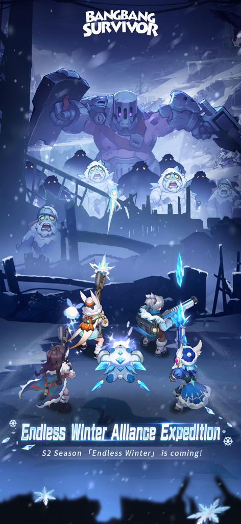 BangBang Survivor - Promotional artwork for BangBang Survivor showing heroes in winter outfits fighting ice monsters and a giant boss