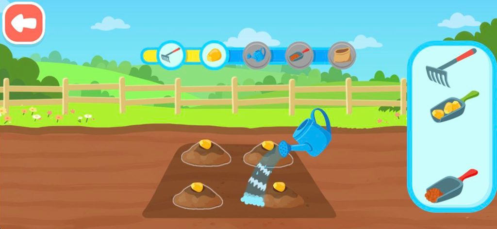 Farming game: Animal farm life - カラフルなカートゥーン農場の野菜畑で、青いじょうろで種に水をやっている