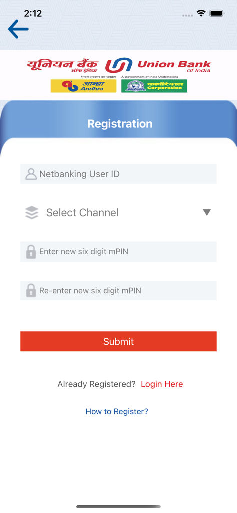 Registration interface for the Union Bank of India U-Token app featuring fields for user ID and mPIN setup