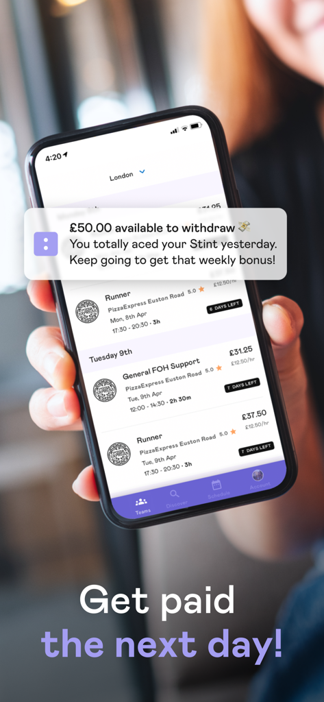 A person holding a phone showing the Stint Students app with an earnings notification and upcoming shifts