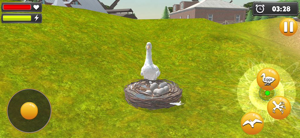 Crazy Goose Duck Tales - Un ganso blanco protegiendo un nido lleno de huevos en una colina verde en el juego Crazy Goose Duck Tales.