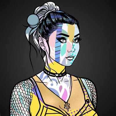 girl with messy bun rose tattoos fish net stallings black  choker and only half her body showing lastly anime body and eyes