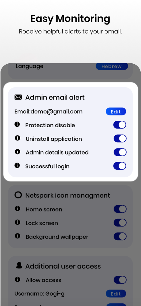 Parental Control Netspark - Dashboard of Netspark app showing admin email alert settings for protection status and uninstall attempts
